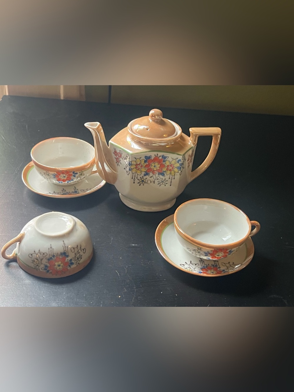 Vintage Japanese handpainted Floral children’s Teapot and Cup Set - iridescent
